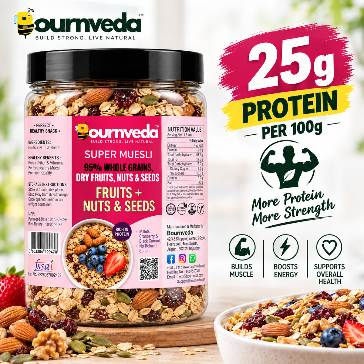 Bournveda Premium Muesli Mix | Crunchy Breakfast Cereal with Nuts, Fruits & Seeds | Rich in Fiber & Energy | Healthy Breakfast - 950g